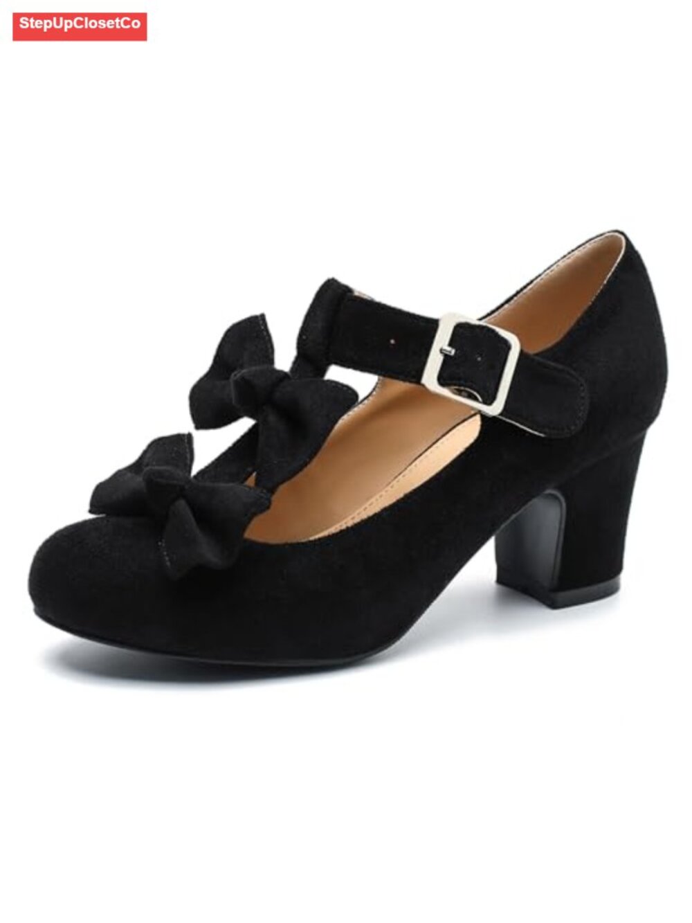 MAIERNISI JESSI Women's Bow T-Strap Mary Jane Pumps Block Heel Buckle